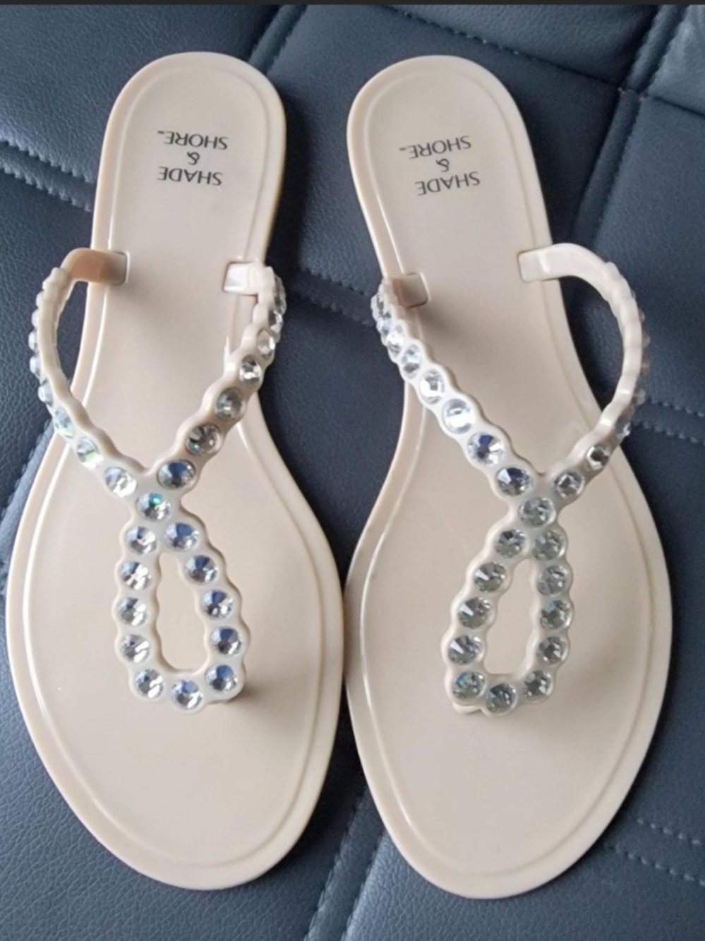Shade & Shore Tan Luella Rhinestone Jelly Thong Sandals, Women, Size 9.